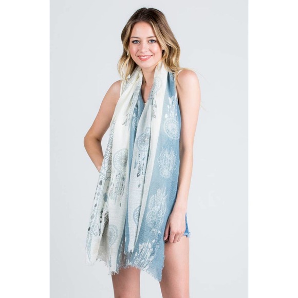 Light Blue White Dream Catcher Lightweight Frayed Scarf Wrap - Picture 1 of 7